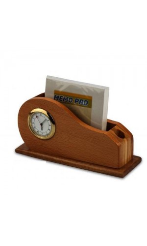 Wooden Desktop with Clock and Memo Pad